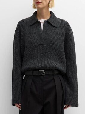 Toteme Ribbed-knit Wool Polo Sweater in Charcoal Melange XS